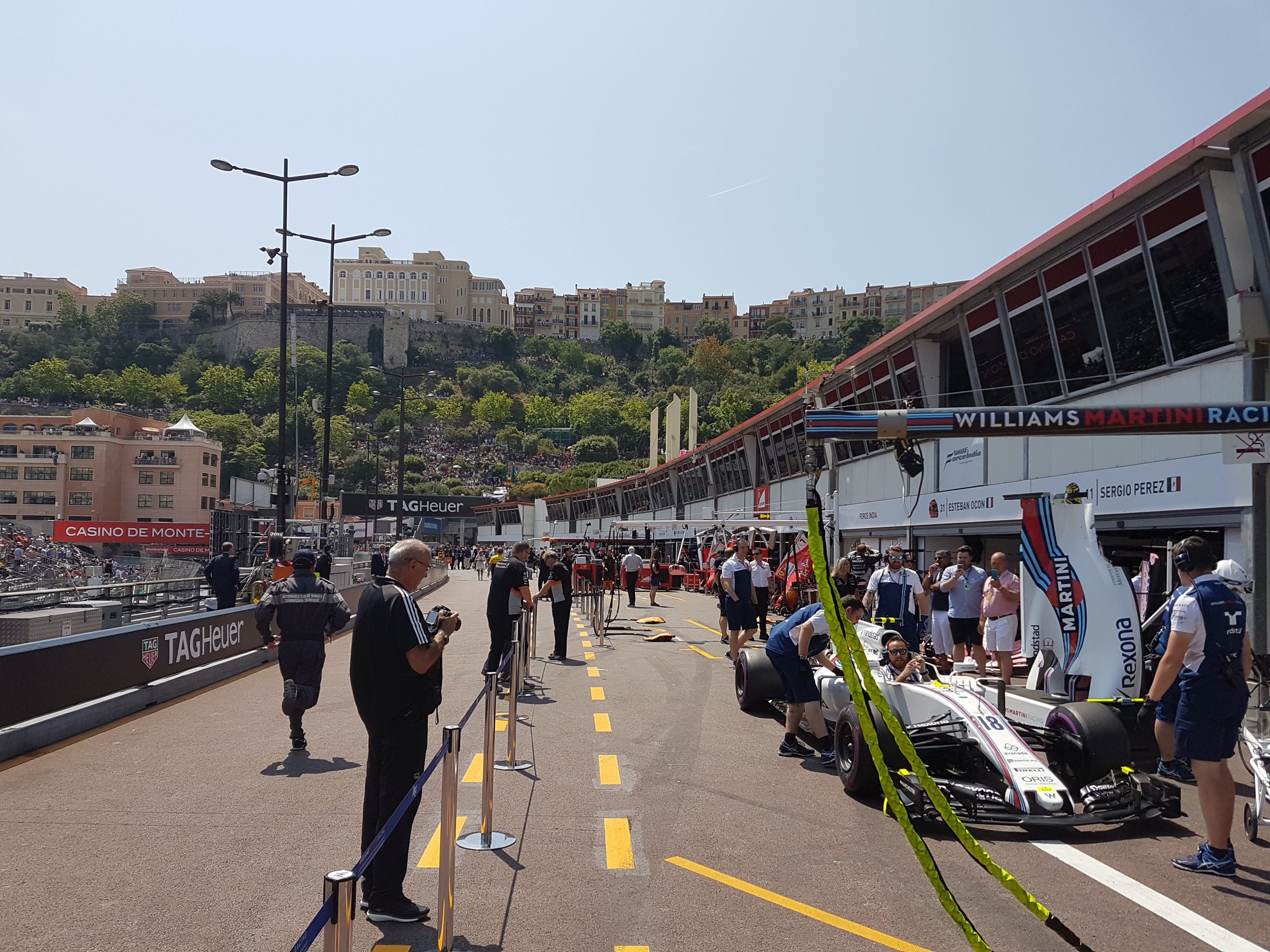 Williams pit crew in the Monaco pit lane