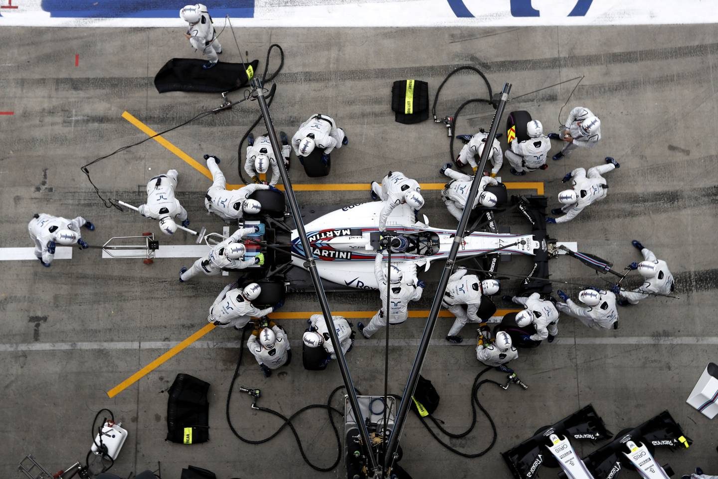 Aerial view of a Williams pit stop
