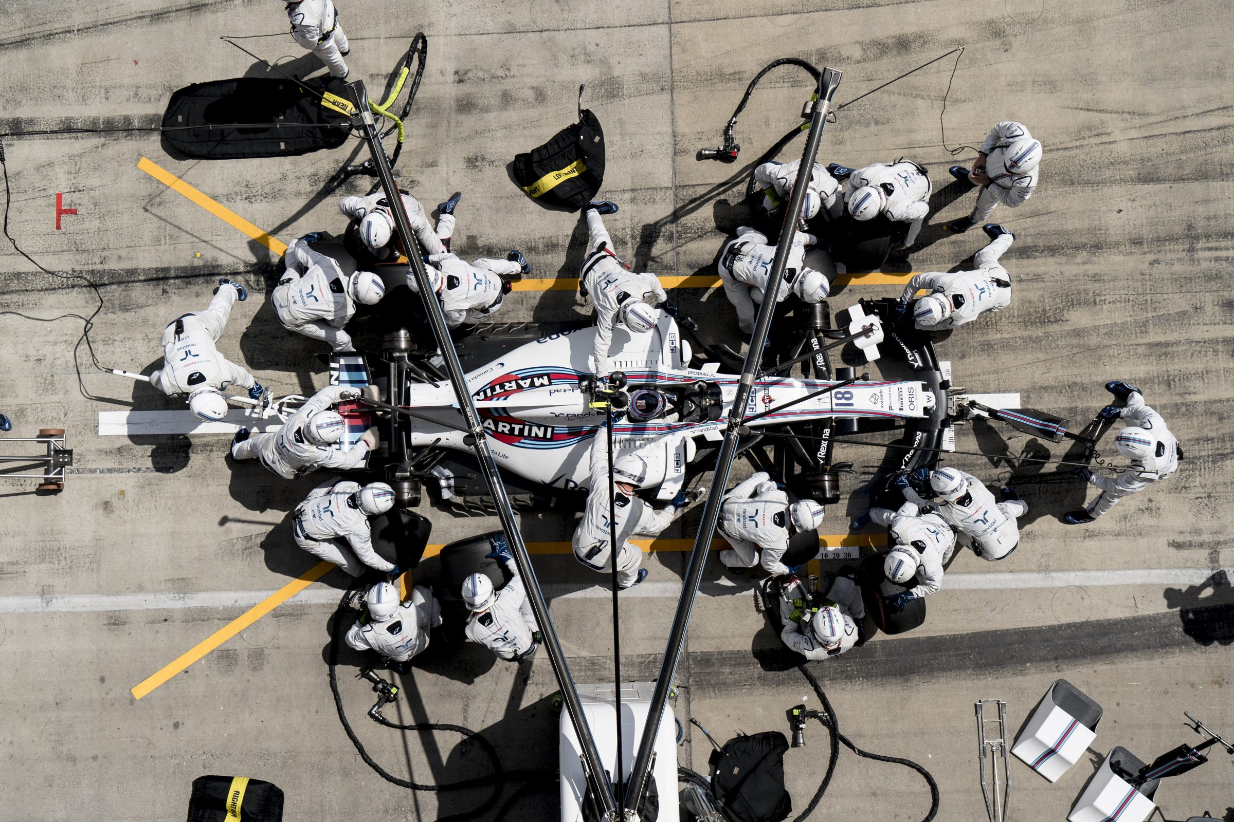 Aerial view of a Williams Formula 1 pit stop